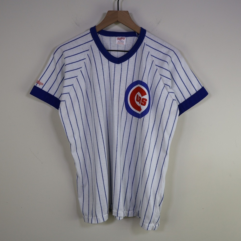 Vintage 80s Chicago Cubs Pinstripe Rawlings Jersey XL MLB Baseball White Blue